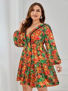 SHEIN VCAY Đầm thời trang cỡ lớn dành cho nữ, in hoa, hở lưng, buộc dây, tay phồng. - màu đen - Xem 3
