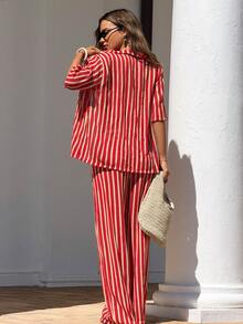 Swim Vcay Women's Beach Vacation Casual Special Texture Knit Fabric Short Sleeve Cover Up And Loose Drawstring Waist Pants 2 Pieces Set, Spring/Summer - Red and White - View 5