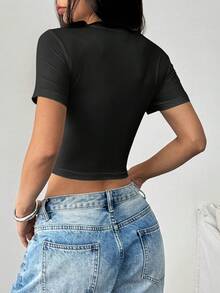 Rovax Plus Size Women Slogan Print Cropped Casual Everyday Short Sleeve T-Shirt - Black - View 2