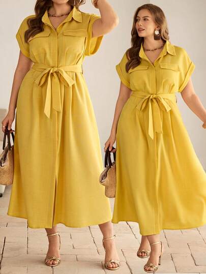 Roveilla 大码女式纯色衬衫领腰部系带蝴蝶结褶皱荷叶边工装口袋插肩袖翻边开襟纽扣短袖衬衫裙，黄色中长款，优雅法式复古正式办公通勤休闲度假下午茶街头简约百搭春夏新款