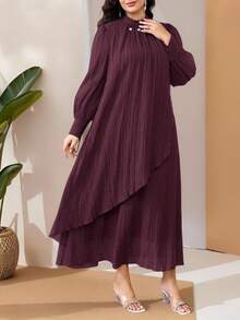 SHEIN CURVE+ 大码优雅纯色灯笼袖连衣裙，适合通勤。 - 酒紅色 - 查看 4