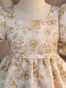 SHEIN Đầm thanh lịch tay phồng họa tiết hoa jacquard trang trí nơ cho bé gái - Rượu sâm banh - Xem 12