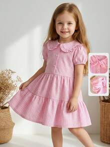 SHEIN 女童优雅甜美粉白格子荷叶边领短袖衬衫裙，A字格子拼接设计，适合春夏外出、拍照、日常穿着和上学穿着。 - 粉色 - 查看 8