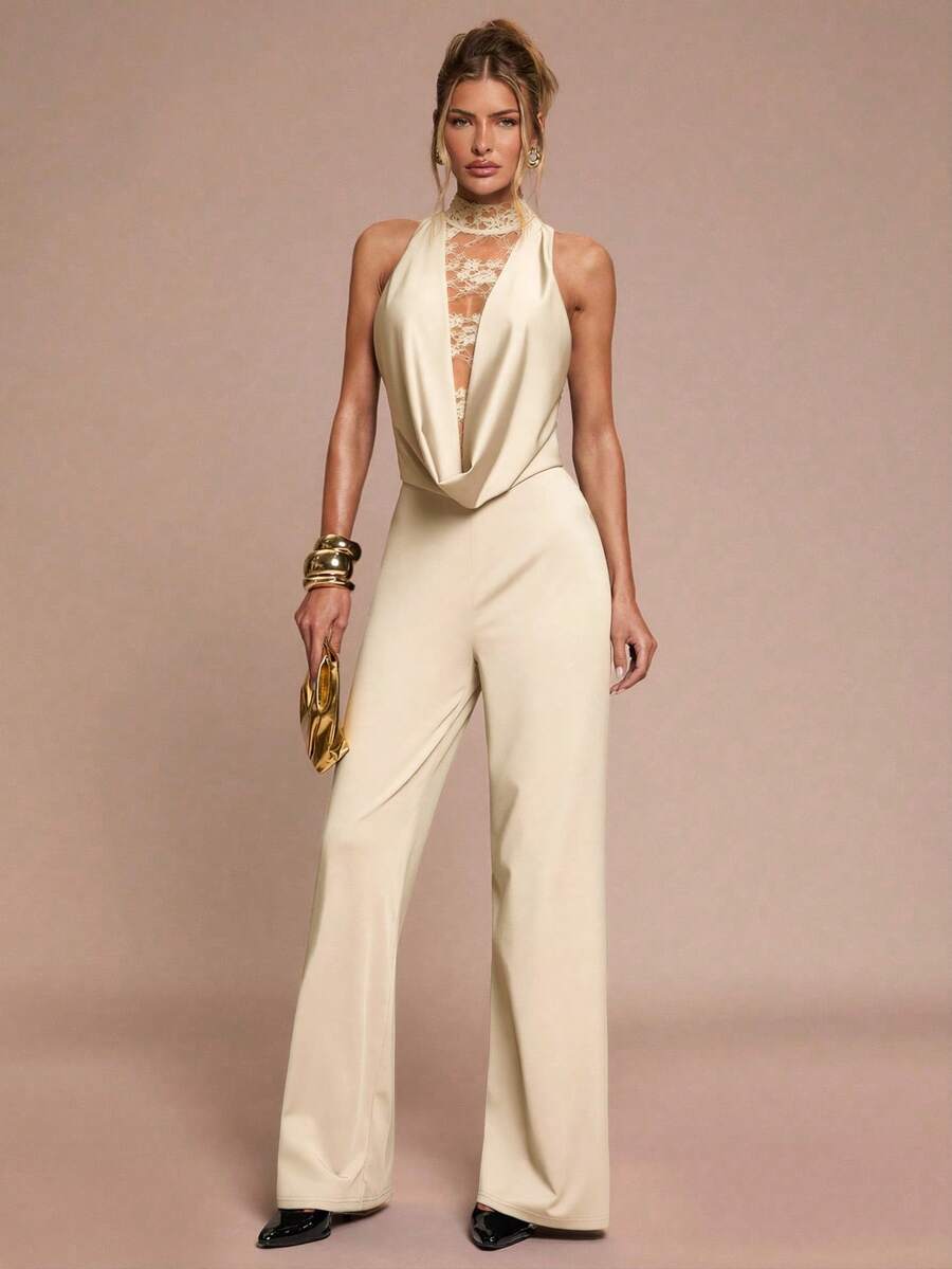 SHEIN BAE 女士深V领撞色蕾丝性感吊带连体裤 - 杏色 - 查看 1