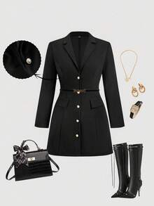 SHEIN MOD Plus Size Women's Metal Buckle Waist Fitted Black Suit Dress,Back To School,Business Casual Woman,Fall Clothes,Office Outfits For Women,Elegant Dresses For Women,Winter Clothes For Women,Western,Western Wear Women,Vintage,Black Slim-Fit Waist Suit,Old Money,Western Women Wear Valentine Outfits For Women Spring Outfit  Women Dress Jacket Women Coats Blazer Dress Black Outfits For Women Blazer Skirt Set Rich Women Outfits Funeral Outfit For Women - Black - View 1