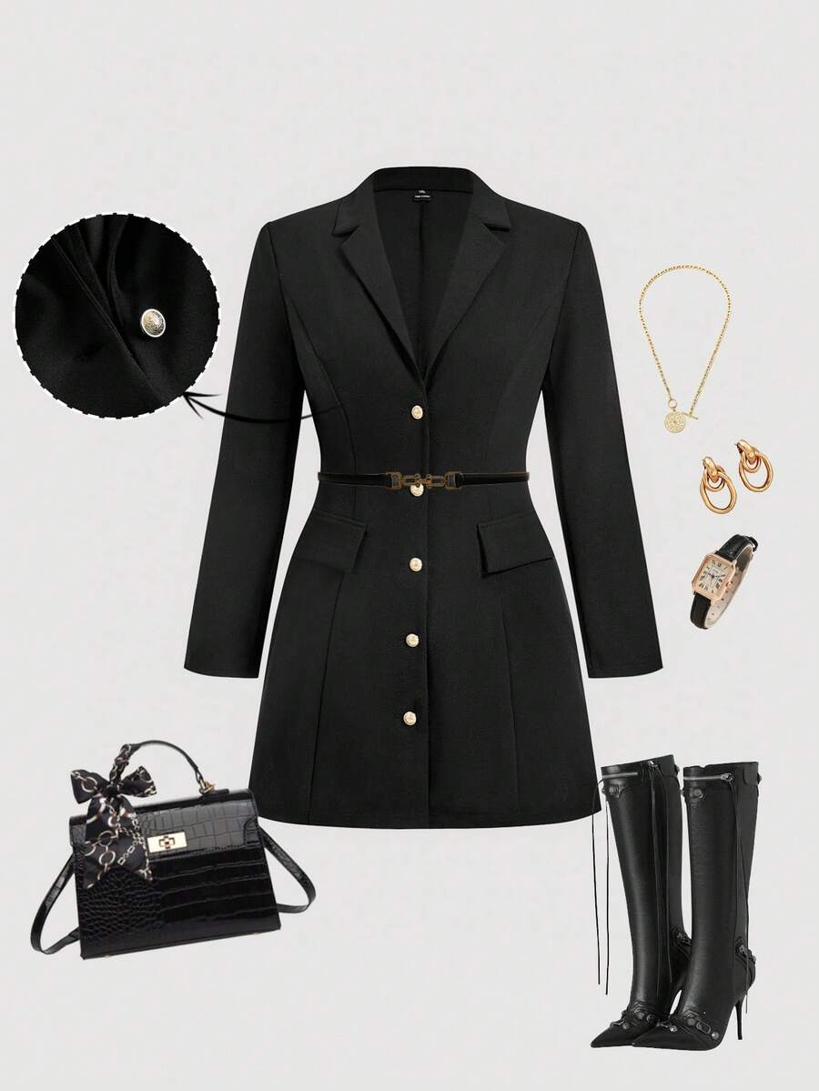 SHEIN MOD Plus Size Women's Metal Buckle Waist Fitted Black Suit Dress,Back To School,Business Casual Woman,Fall Clothes,Office Outfits For Women,Elegant Dresses For Women,Winter Clothes For Women,Western,Western Wear Women,Vintage,Black Slim-Fit Waist Suit,Old Money,Western Women Wear Valentine Outfits For Women Spring Outfit  Women Dress Jacket Women Coats Blazer Dress Black Outfits For Women Blazer Skirt Set Rich Women Outfits Funeral Outfit For Women - Black - View 1