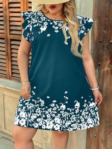 SHEIN VCAY Đầm nữ cỡ lớn in hoa, cổ tròn, tay ngắn, kiểu dáng thường ngày. - Màu xanh lam - Xem 4