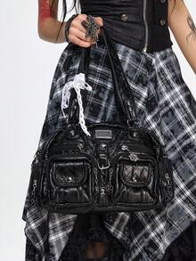 ROMWE Grunge Punk Túi đeo vai kiểu xô bằng da PU màu trơn thời trang, thích hợp cho việc đi làm. - Màu đen một - Xem 4