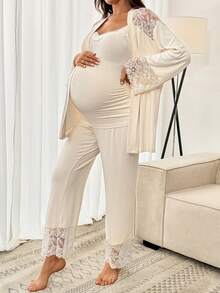 SHEIN 三件套孕妇装：纯色蕾丝拼接外套、吊带背心和裤子 - 杏色 - 查看 4
