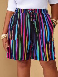 BrightlyHer 大码女式抽绳腰带口袋休闲百搭日常短裤，夏季大码短裤，春夏女式春季海滩度假波西米亚风短裤，女士夏季短裤 - 彩色 - 查看 4