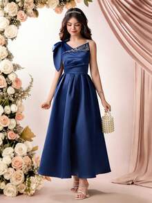 Pitira Teen Girl Navy Blue Embroidered Elegant Woven Dress Girls Royal Blue Dress Elegant Navy Blue Dress Blue Party Dress Royal Blue Formal Dress Bridesmaid Blue Dress - Navy Blue - View 5