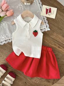 SHEIN 2pcs/ Set Outfits For Baby Girls, Spring/Summer Casual Style, Strawberry Knot Embroidered Sleeveless Top And Red Short Pleated Skirt. - Red - View 6