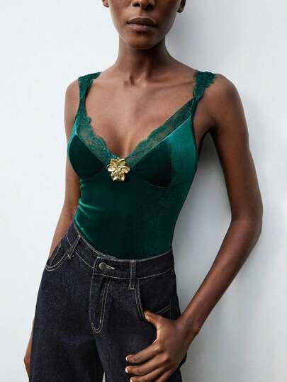 Maija 2026 Velvet & Lace Patchwork Women's Metal 3D Floral Decor Camisole Emerald Green Top Green Bodysuit Dark Green Top Green Top Women Velvet Green Top  St Patrick's Day Women Easter Summer Outfits Easter Dress Women Party Top Beach Dress Summer Holiday Outfits Each Vacation Outfits For Women  Summer Outfit For Women Going Out Outfits Graduation Graduation Outfit  Casual Dresses  Casual Blouses For Women