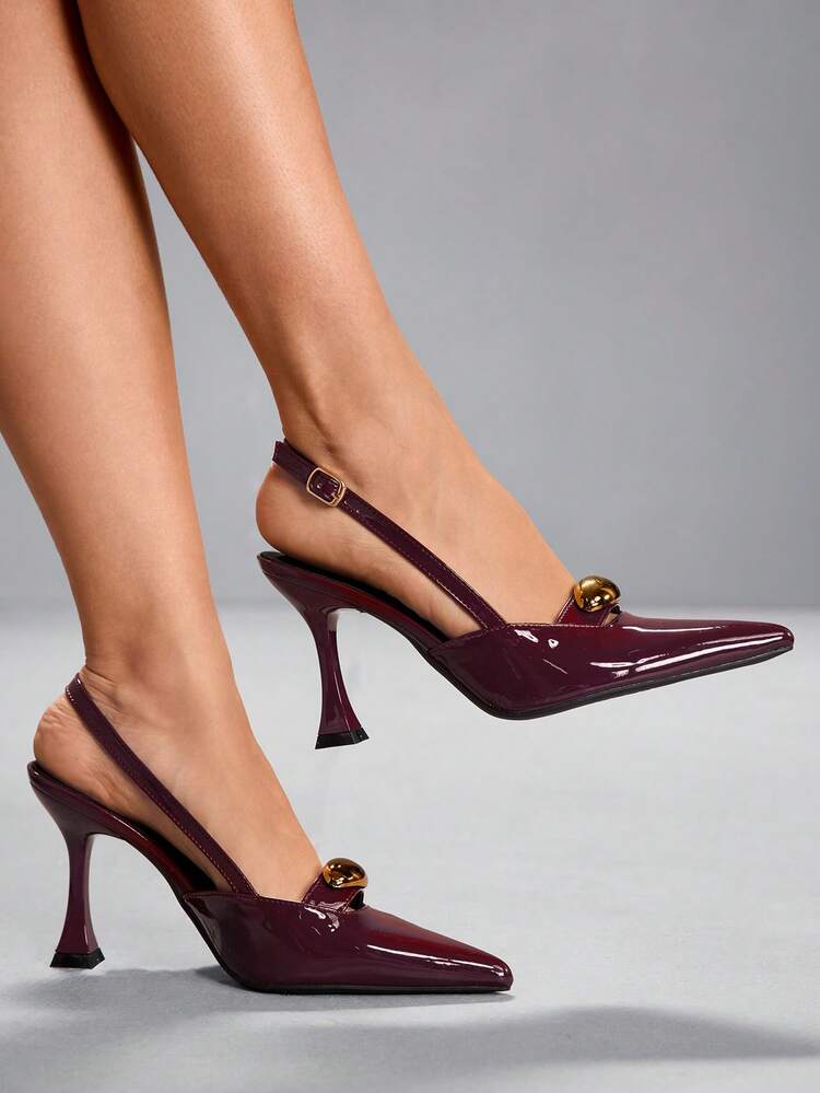 CUCCOO SZL Ladies Shoes With Adjustable Easy To Wear Burgundy High Heels Wine Glass Heel Pointed 9CM Elegant Stiletto Shoes Mirror PU Material Metal Round Buckle Decoration Women's Black Brown High Heels Kitten Heel Versatile Fashion Suitable For Daily/Party/Christmas Valentine's Day Thanksgiving/Wedding/Festival/Office Women's Shoes Valentine's Day