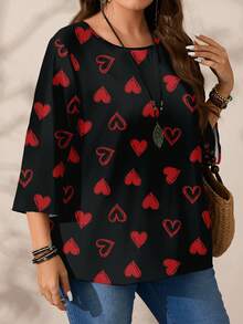 SHEIN VCAY Plus Size Women Casual All-Over Print Round Neck Loose 3/4 Sleeve Shirt, Autumn/Winter Valentine's Day - Black - View 7