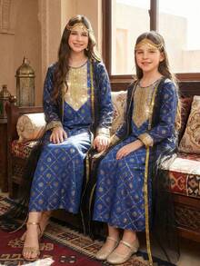 Teen GirlGlamorous Party Celebration Outfit Set: Long Sleeve Robe, Abaya Robe, Mesh Overlay Jacket, Gold Collar Flower Decor - Royal Blue - View 3
