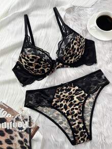 2pcs Women Leopard Print Lingerie Set, Sexy Lace Patchwork Push-Up Bra