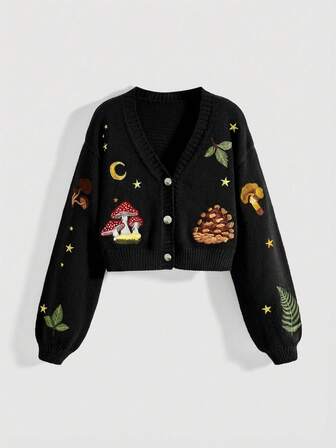 Fairycore Vintage Femmes Col V Boutonné Manches Longues Cardigan Tricot Brodé Champignon, Plante, Lune et Étoile