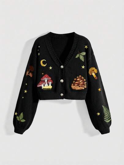Fairycore Vintage Femmes Col V Boutonné Manches Longues Cardigan Tricot Brodé Champignon, Plante, Lune et Étoile