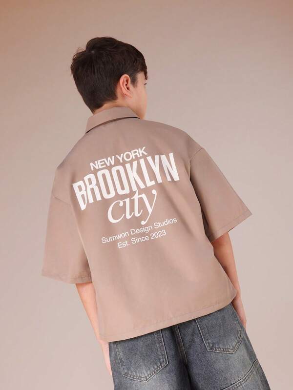 SUMWON Boys Boxy Fit Short Sleeve Button Down Shirt With Brooklyn City Print Spread Collar Summer Casual Top
