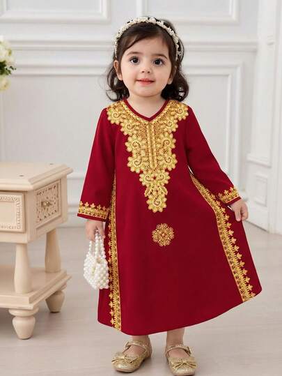 Baby Girls Cute, Elegant, Vintage Burgundy Dress With Gold Lace Print, Suitable For Spring/Summer, Festive Occasions
