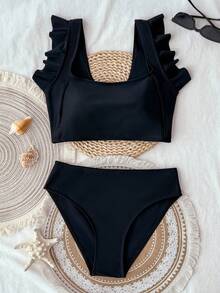 SHEIN Teen Girls' Black Cap Sleeve Simple Beach Vacation Swimsuit 2 Pieces Set, Spring/Summer - Black - View 5