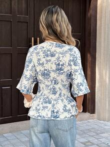 Pariaura 女士印花短袖褶皱腰部荷叶边下摆时尚衬衫 - 藍色 - 查看 2