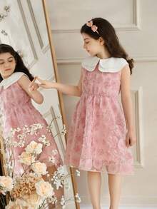 Glamorique Kids 女童甜美公主风粉色无袖连衣裙，饰有3D玫瑰刺绣，春夏款，多层领设计，适合生日派对和日常穿着。 - 粉色 - 查看 6