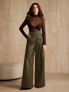 Anewsta Women's PU Leather High Waist Wide Leg Pants, Casual Business Wear, New European And American Style, Suitable For Halloween, Autumn/Winter - Army Green - View 5