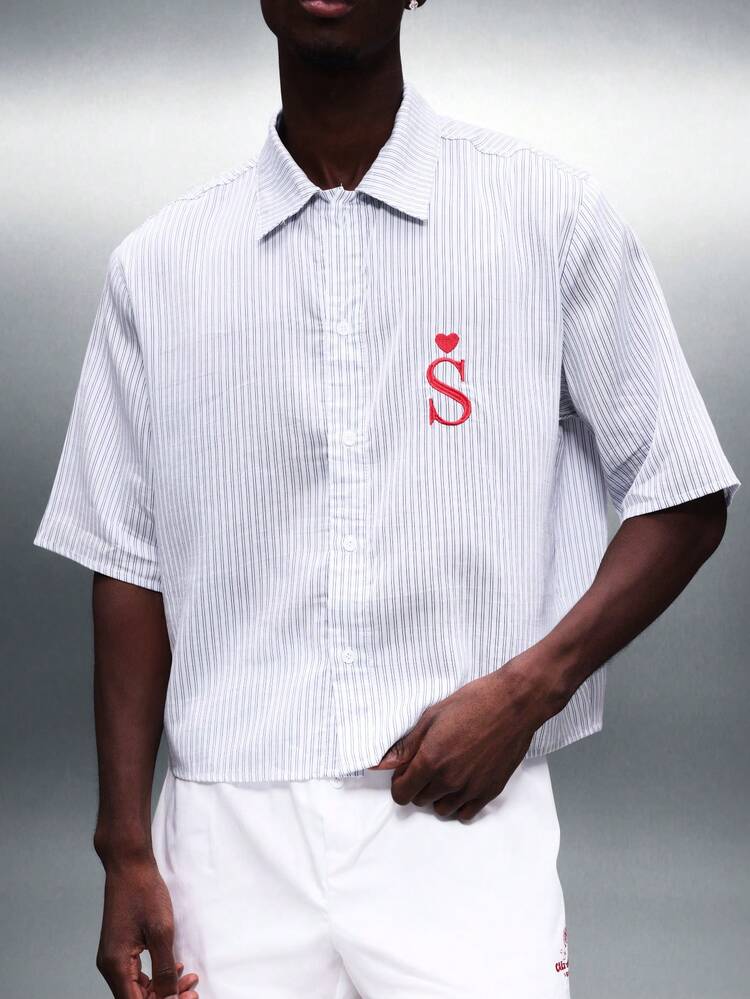 Cropped Striped Shirt With Heart Logo For Valentine