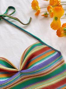 Soleia 女士性感露背系带褶皱条纹短款上衣，沙滩度假风 - 綠色 - 查看 5