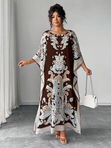 Elenzga Đầm dáng rộng in họa tiết tay cánh dơi cổ tròn cỡ lớn, thích hợp cho kỳ nghỉ và các buổi tụ họp, phù hợp cho người có thân hình mũm mĩm. - màu nâu - Xem 1