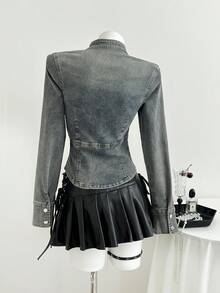 Elamini Women's Long Sleeve Zip Front Fitted Casual Denim Jacket