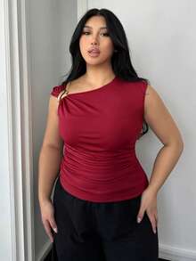 Firerie 加大码女士休闲优雅金属装饰不对称肩部上衣，适合外出、派对等场合/秋季女装/万圣节/新年/派对上衣/优雅女式上衣/酒红色修身生日上衣 - 紅色 - 查看 7