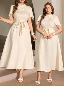 Roveilla 大码女式纯色立领/中立领/披肩领水钻条纹腰部A字短袖两用长连衣裙，杏色，优雅法式复古正式办公通勤休闲度假下午茶街头风简约百搭复古澳式休闲聚会情人节约会春夏新款 - 杏色 - 查看 9