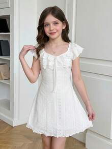 SHEIN 少女优雅立领收腰中长连衣裙 - 白色 - 查看 4