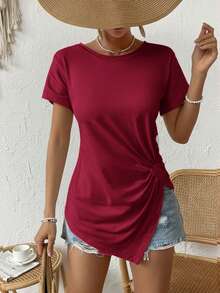 SHEIN LUNE Plus Size Women's Solid Color Round Neck Short Sleeve Asymmetric Hem Casual T-Shirt Plus Size Solid Color T Shirt Wine Red Top Dark Red Tops Long T Shirt For Women Plus Size Oversized T Shirt, Going Out Tops - Burgundy - View 6
