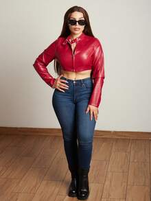 Lupita Cardoza 女士秋冬街头服饰 狂欢嬉皮运动休闲 Y2K 基本款皮革舒适拉链勃艮第红色修身短款长袖夹克 - 紅色 - 查看 1