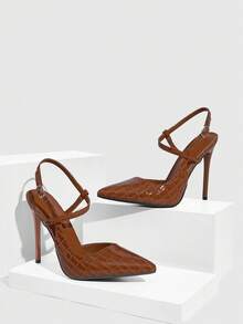 CUCCOO SZL 女士尖头高跟鞋，亮黑色材质，时尚性感夜店派对走秀踝带超高跟鞋，圣诞节必备 - 7639石頭紋棕33 - 查看 4