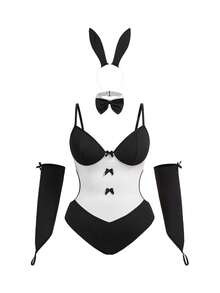 Fantasy Costume 4pcs/Set Cute Contrast Color Rabbit Print Sexy Plus Size Romper - Black and White - View 3