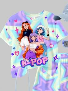 扎染彩色K-POP卡通女孩肖像，少女休闲简约舒适圆领短袖T恤短裤两件套，适合春夏日常穿着、运动、外出、街头时尚动漫T恤K-POP T恤可爱装扮E-girl服装动漫上衣 - 彩色 - 查看 5