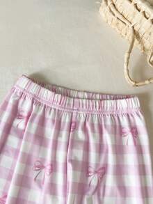 SHEIN 2pcs Girls Butterfly & Plaid Print Set, Peter Pan Collar Ruffle Trim Short Sleeve Top & Pants, Stretchy & Soft Fabric, Ideal For Casual Wear