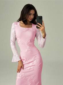 Modelyn 女士时尚优雅提花面料弹力中长连衣裙 - 淺粉色 - 查看 2