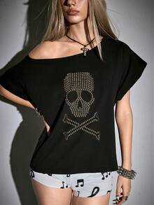 ROMWE Grunge Punk Spring/Summer Y2K Punk Skull Rivet Design Laser Cut Loose Fit Solid Color Versatile T-Shirt - Black - View 4