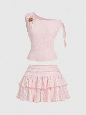 Kawaii Set da 2 pezzi composto da minigonna a vita super bassa con decorazione in metallo e tessuto jacquard vintage romantico per donna