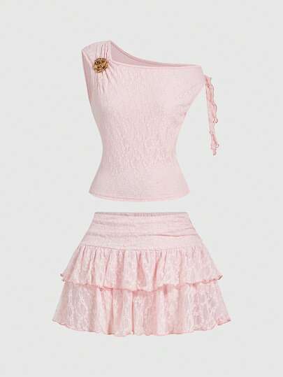 Kawaii Ensemble de 2 pièces avec mini-jupe à taille très basse, décor métallique et texture de tissu jacquard vintage romantique pour femmes