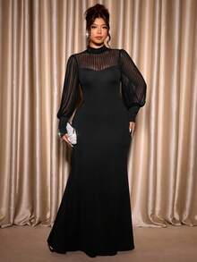 Cravure Christmas Plus Size Women's Elegant Party Knit Vertical Striped Semi-Sheer Sleeve Stand Collar Black Fitted Dress, Autumn - Black - View 6
