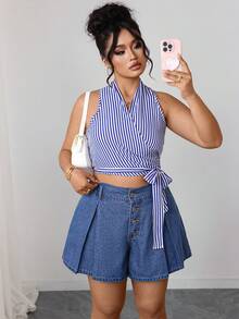 Elenzga Quần short denim mùa hè cỡ lớn, kiểu dáng thường ngày. - Rửa trung bình - Xem 3