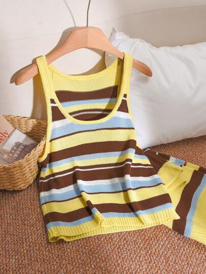 CosyJoli Plus Size Women Striped Crew Neck Sleeveless Knit Top And Knitted Shorts Casual Suit
