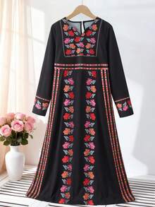 Tween Girl Long Sleeves Black Floral Rose Print Dress,Autumn Elegant Wedding Guest Arabic Abaya Jalabiya,Middle Eastern Style Kids Kaftan Maxi Dress - Black - View 5